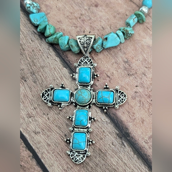 New Original Design Boho Western Brown Suede Beaded Necklace With Silver Cross - Picture 4 of 6